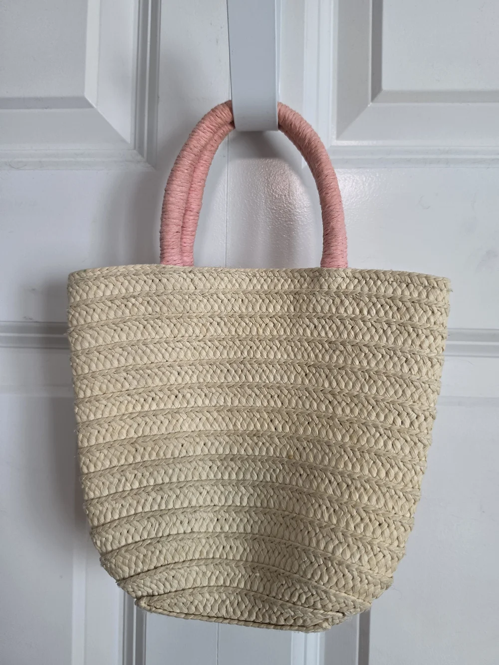 Target Straw Kids Tote with Pink Handle and Multicolor Flower Poms